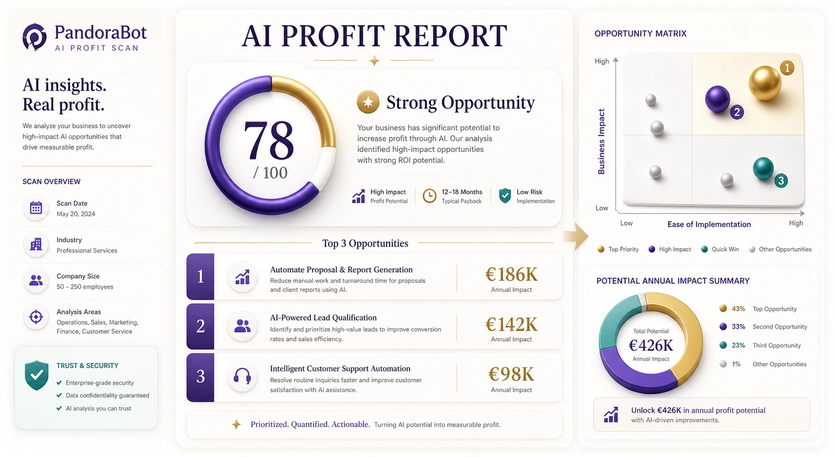 Sample PandoraBot AI Profit Report with score, opportunity matrix and top three recommendations